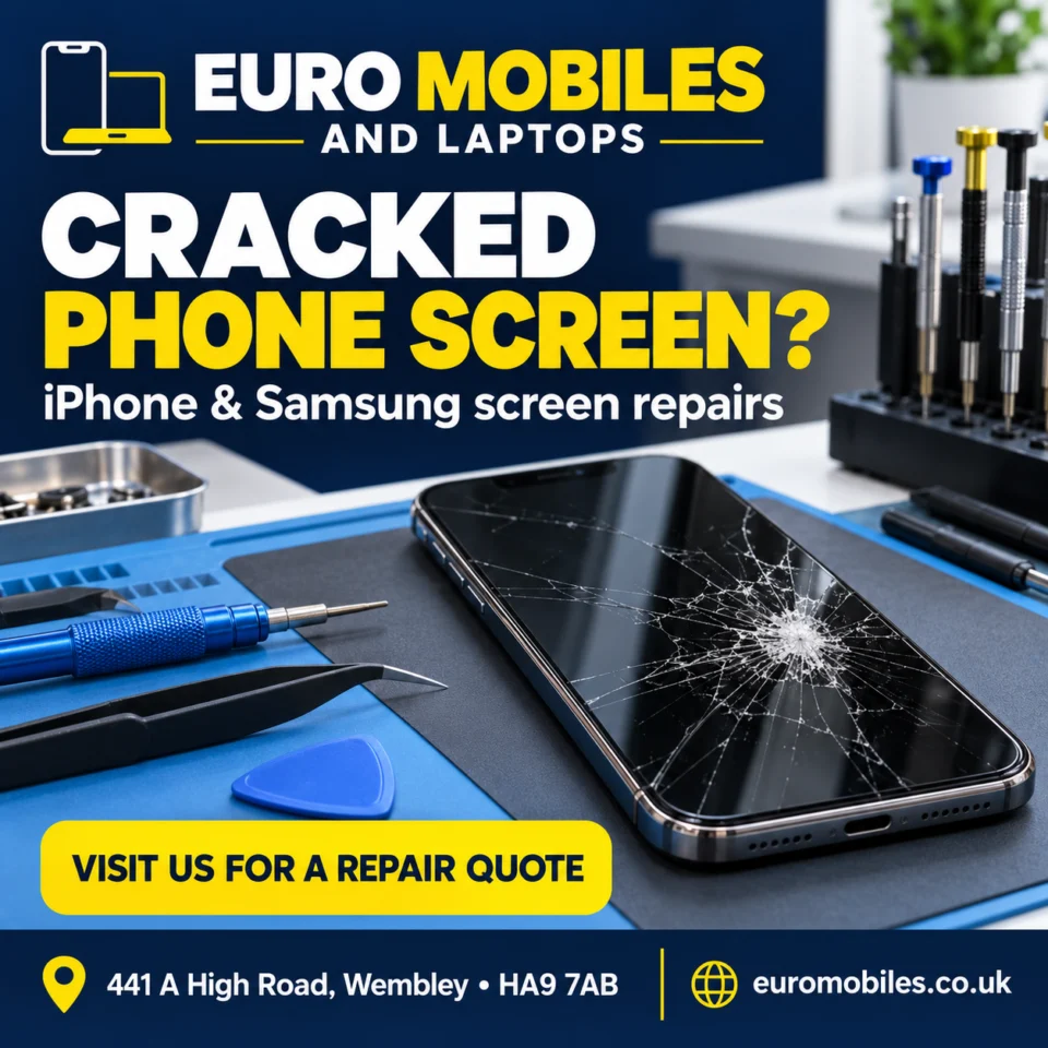 Cracked phone screen? iPhone and Samsung screen repairs at Euro Mobiles & Laptops in Wembley. Visit us for a repair quote.