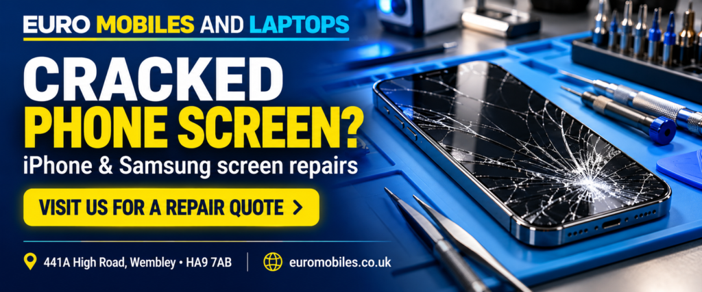 Cracked phone screen? iPhone and Samsung screen repairs at Euro Mobiles and Laptops, 441A High Road, Wembley HA9 7AB. Visit us for a repair quote.