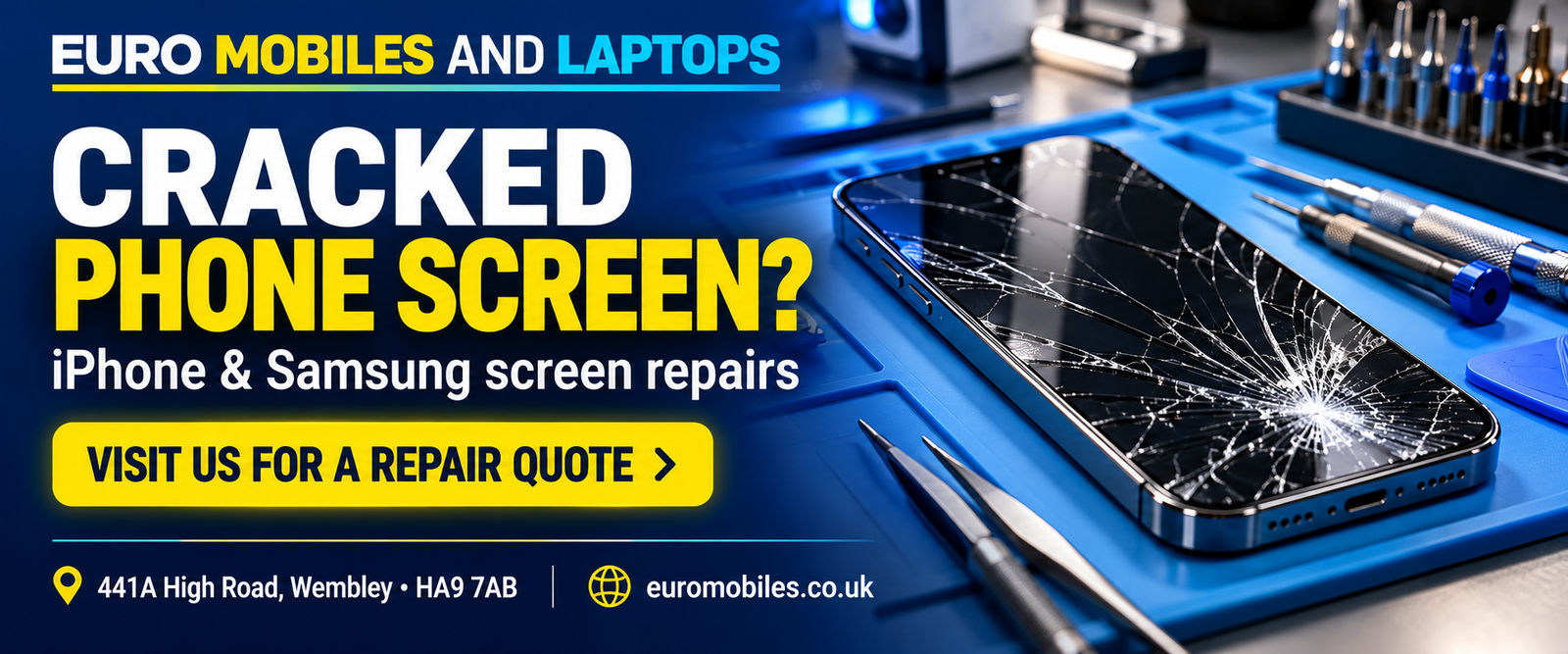 Cracked phone screen? iPhone and Samsung screen repairs at Euro Mobiles and Laptops, 441A High Road, Wembley HA9 7AB. Visit us for a repair quote.