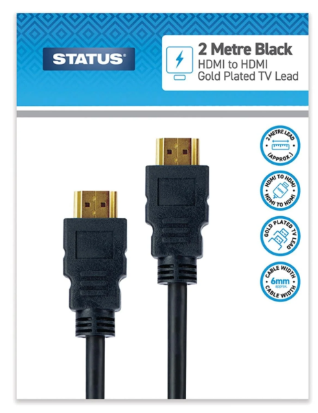 Status black 2 metre HDMI to HDMI cable retail packaging