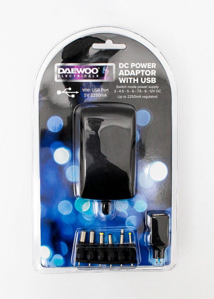 Daewoo 2250mA DC power adaptor with USB and interchangeable connectors