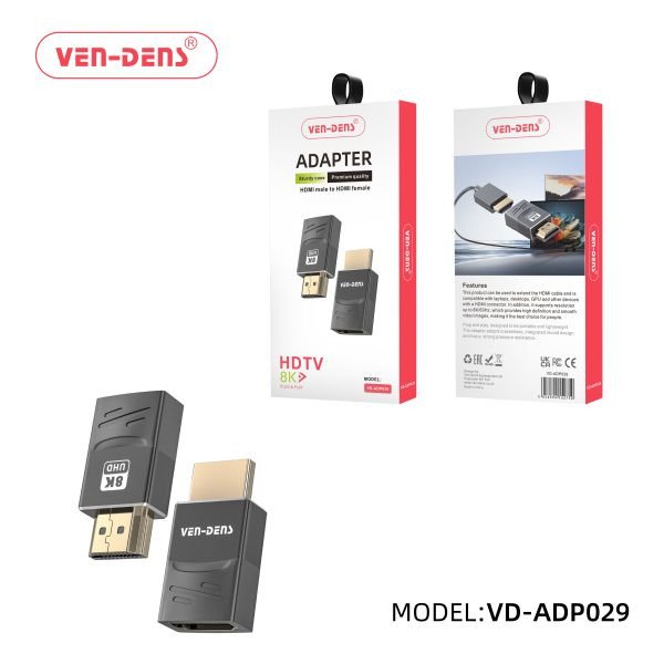 Ven-Dens VD-ADP029 HDMI male to HDMI female adapter and packaging