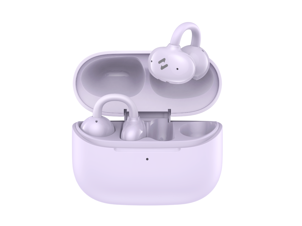 Havit OWS929 violet open-ear wireless earbuds with charging case