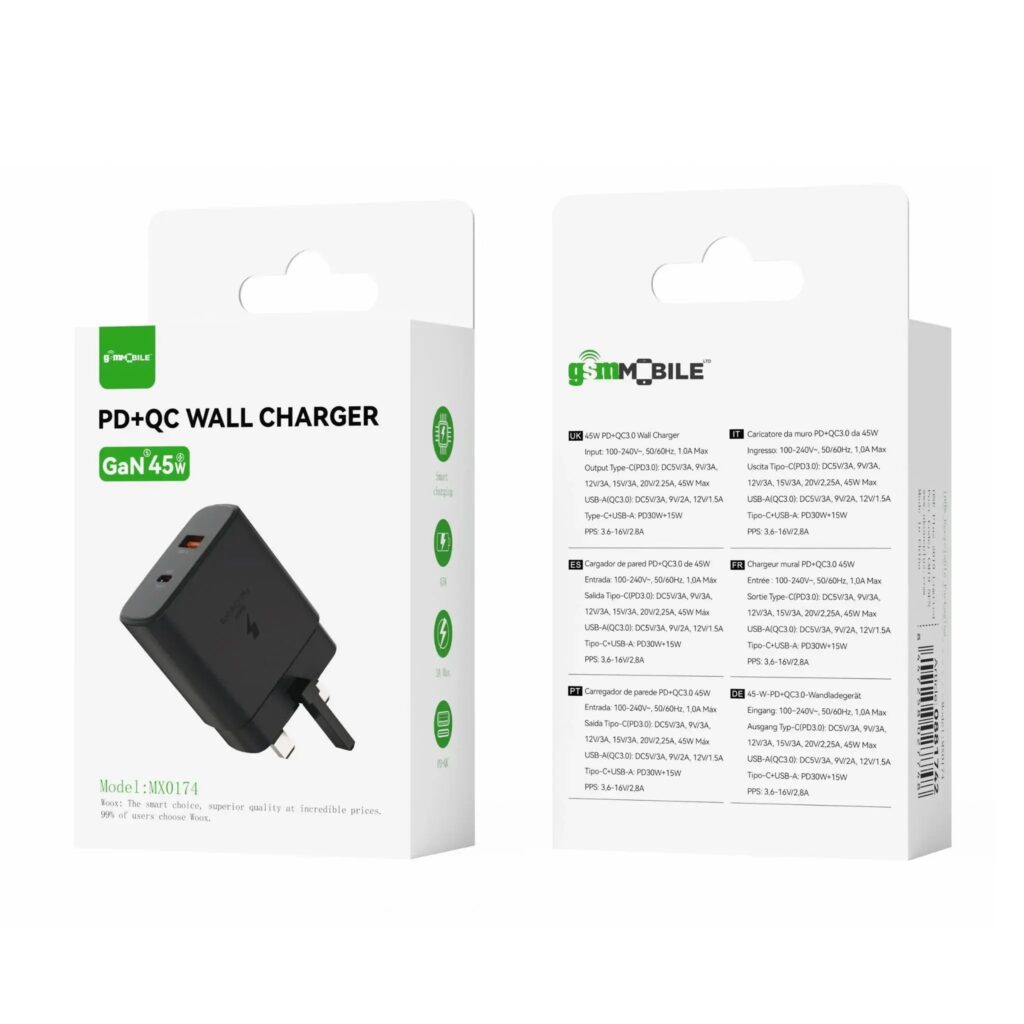 WOOX MX0174 black 45W GaN charger with USB-A and USB-C ports in retail packaging