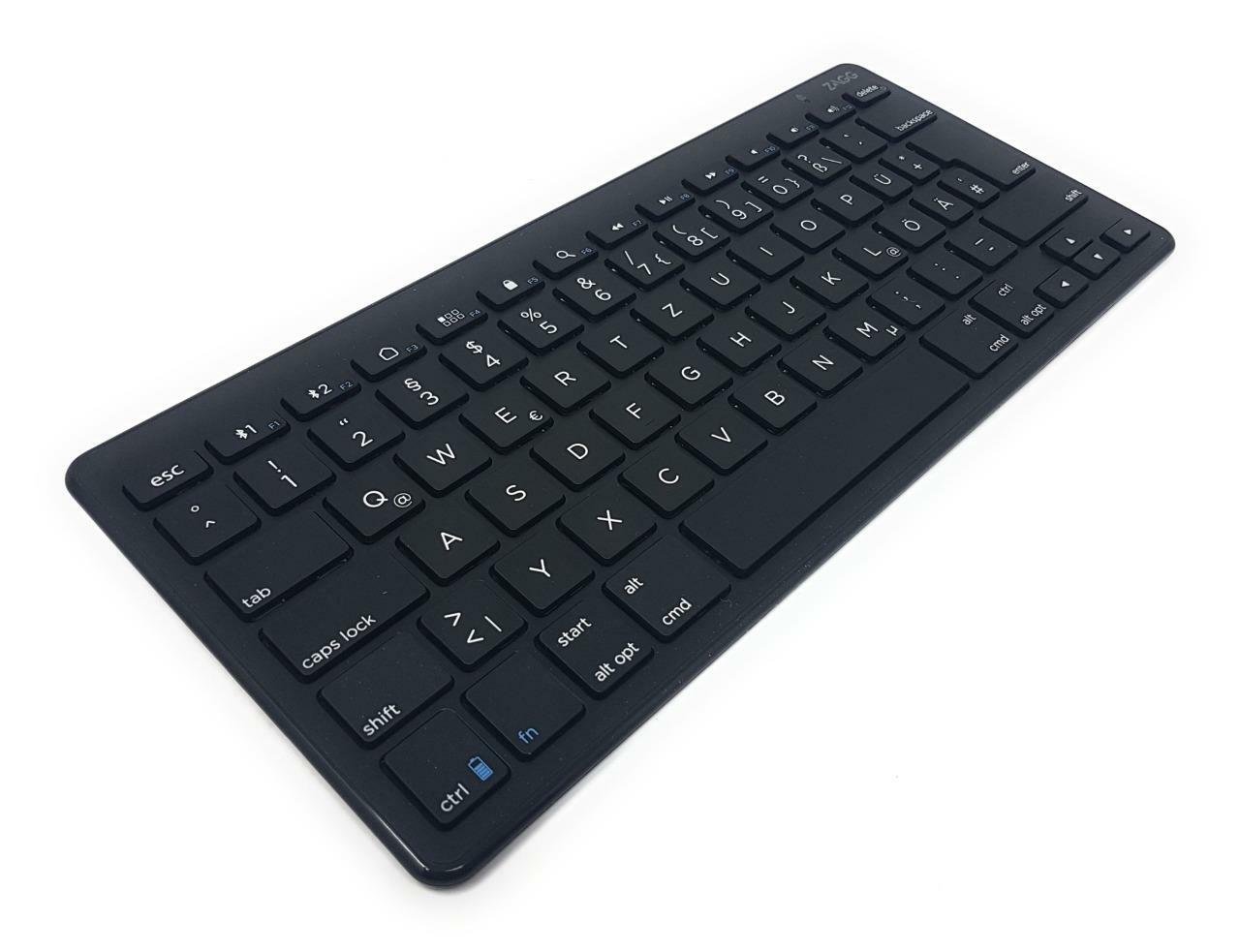 848467078947-zagg-1 ZAGG black wireless Bluetooth keyboard with German QWERTZ layout, angled view