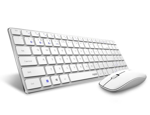 Rapoo 9300M white wireless keyboard and mouse angled view