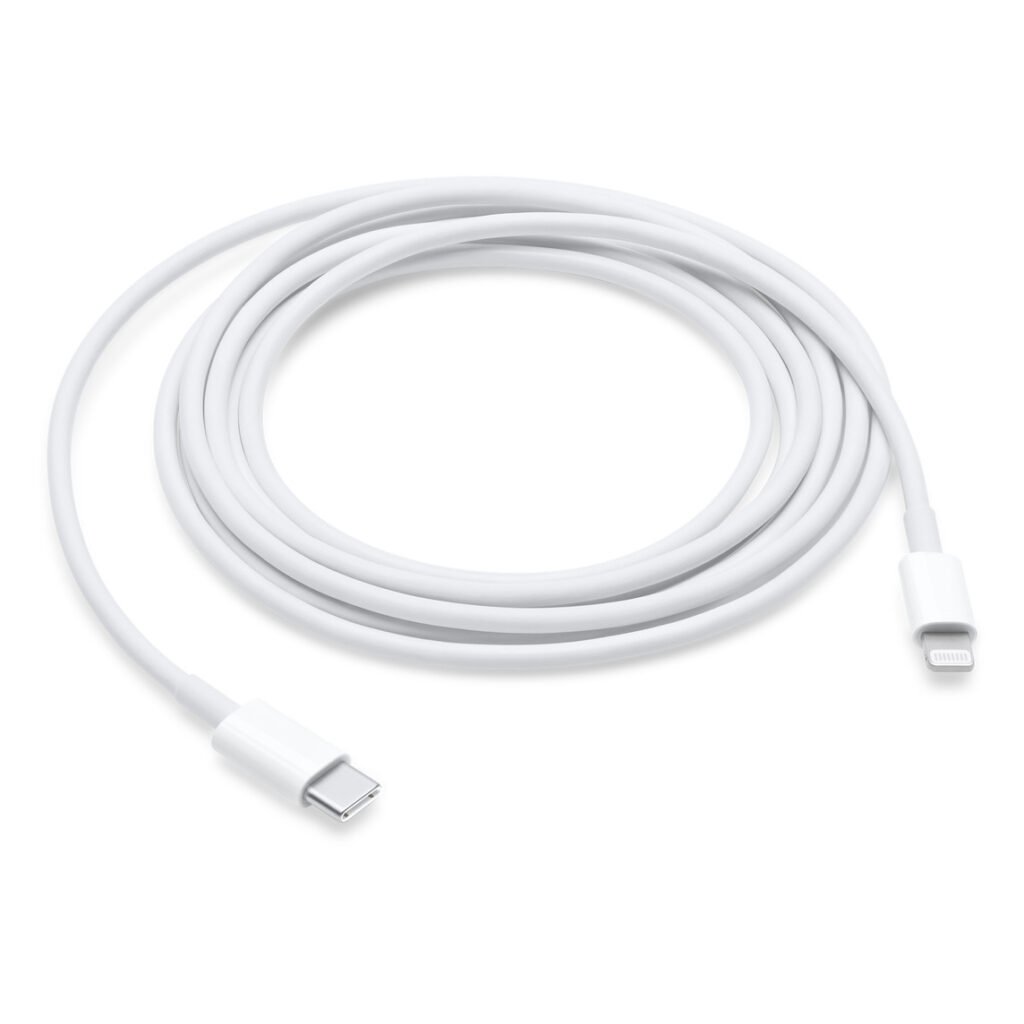Apple USB-C to Lightning cable, 2 metres, white, showing both connectors