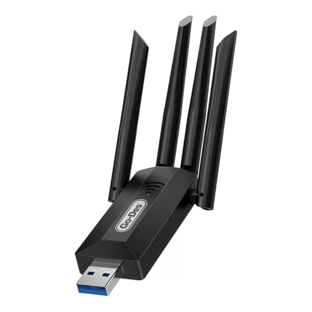 Go-Des GD-BT318 black dual-band USB Wi-Fi adapter angled view