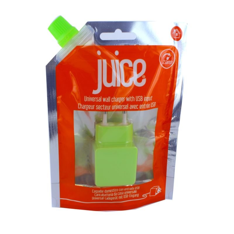 Juice 2.1A two-pin EU USB mains charger in green retail packaging