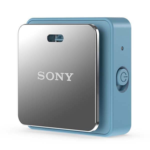Sony SBH24 blue clip-style Bluetooth headset, angled view