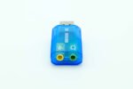 Dynamode blue USB stereo sound card front view with two audio sockets