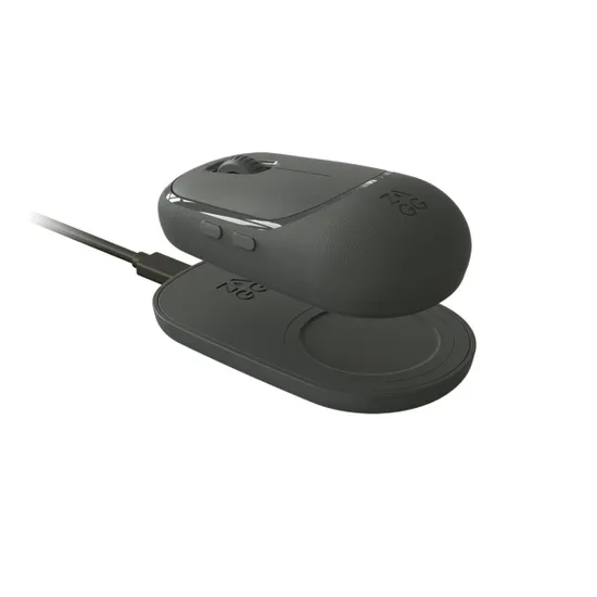 Zagg Pro Mouse charcoal Bluetooth mouse on Qi wireless charging pad angled view