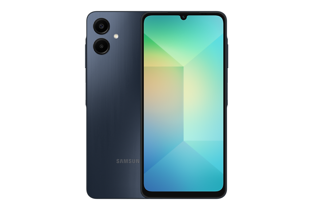 Samsung Galaxy A06 black front and rear views