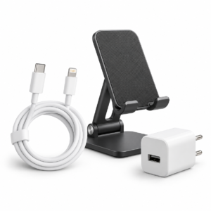 Assorted charging cable, phone stand and USB accessories