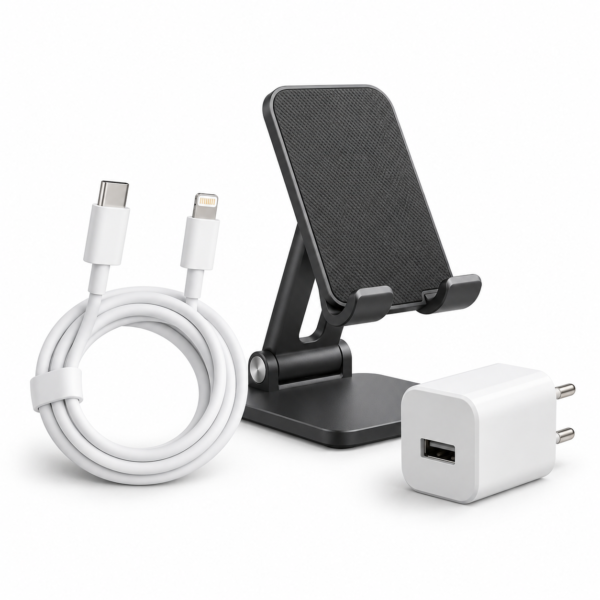 Assorted charging cable, phone stand and USB accessories