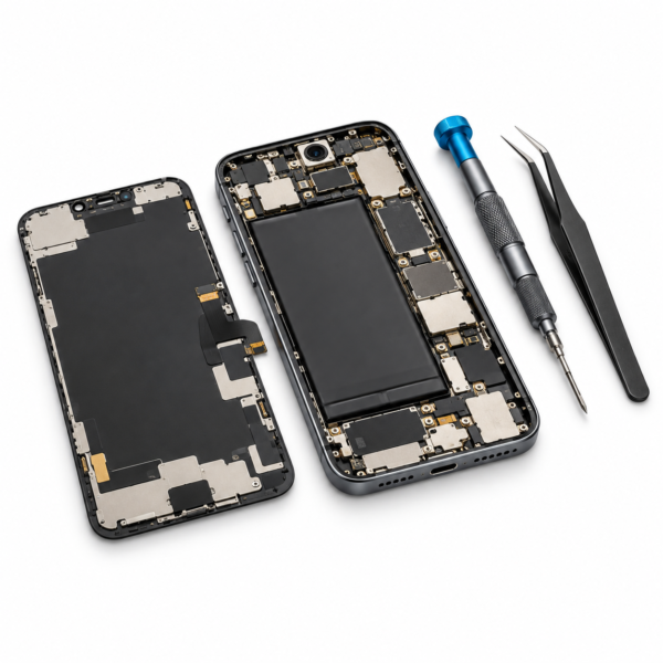Phone repair with precision screwdriver and tweezers