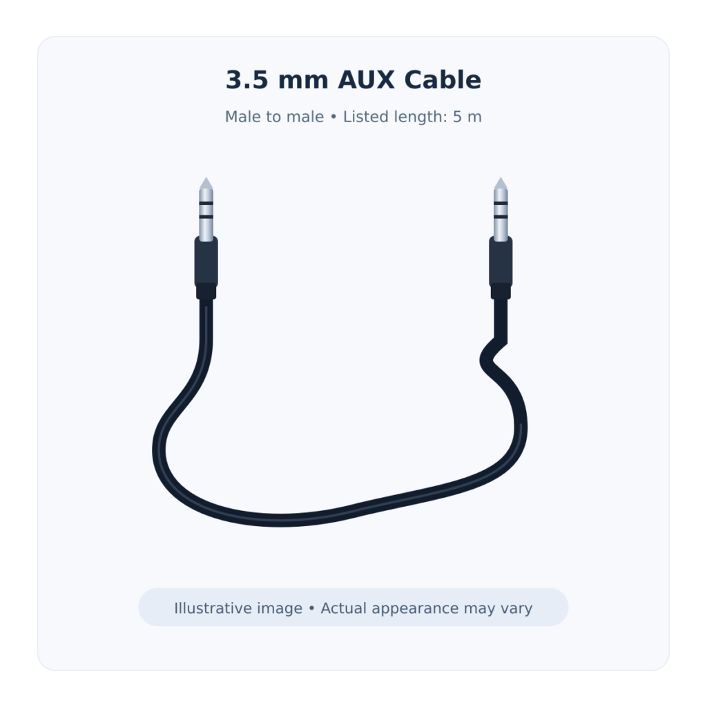 Illustrative 3.5mm male-to-male AUX cable image; actual appearance may vary.