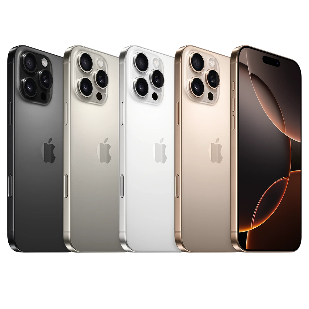 Apple iPhone 16 Pro front and rear views in example titanium finishes — model illustration