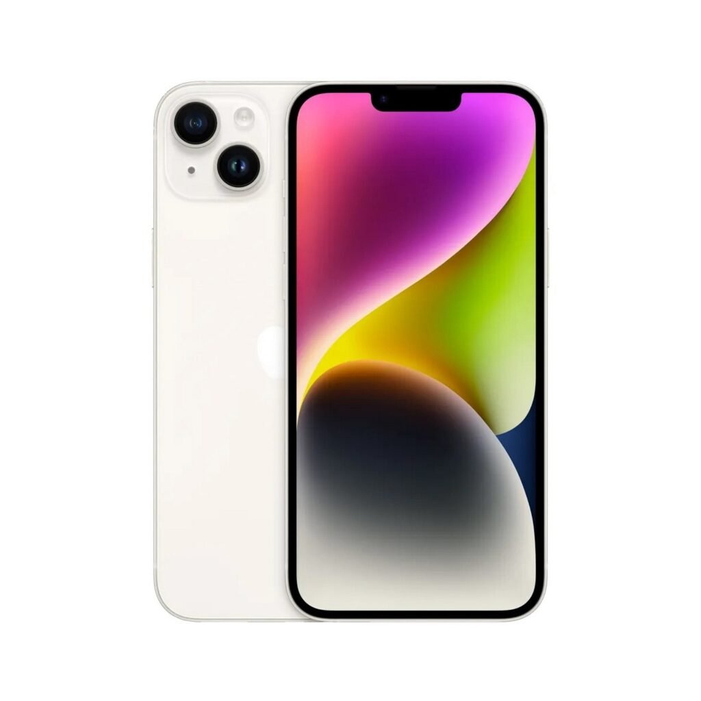 Apple iPhone 14 Starlight front and rear views on white background