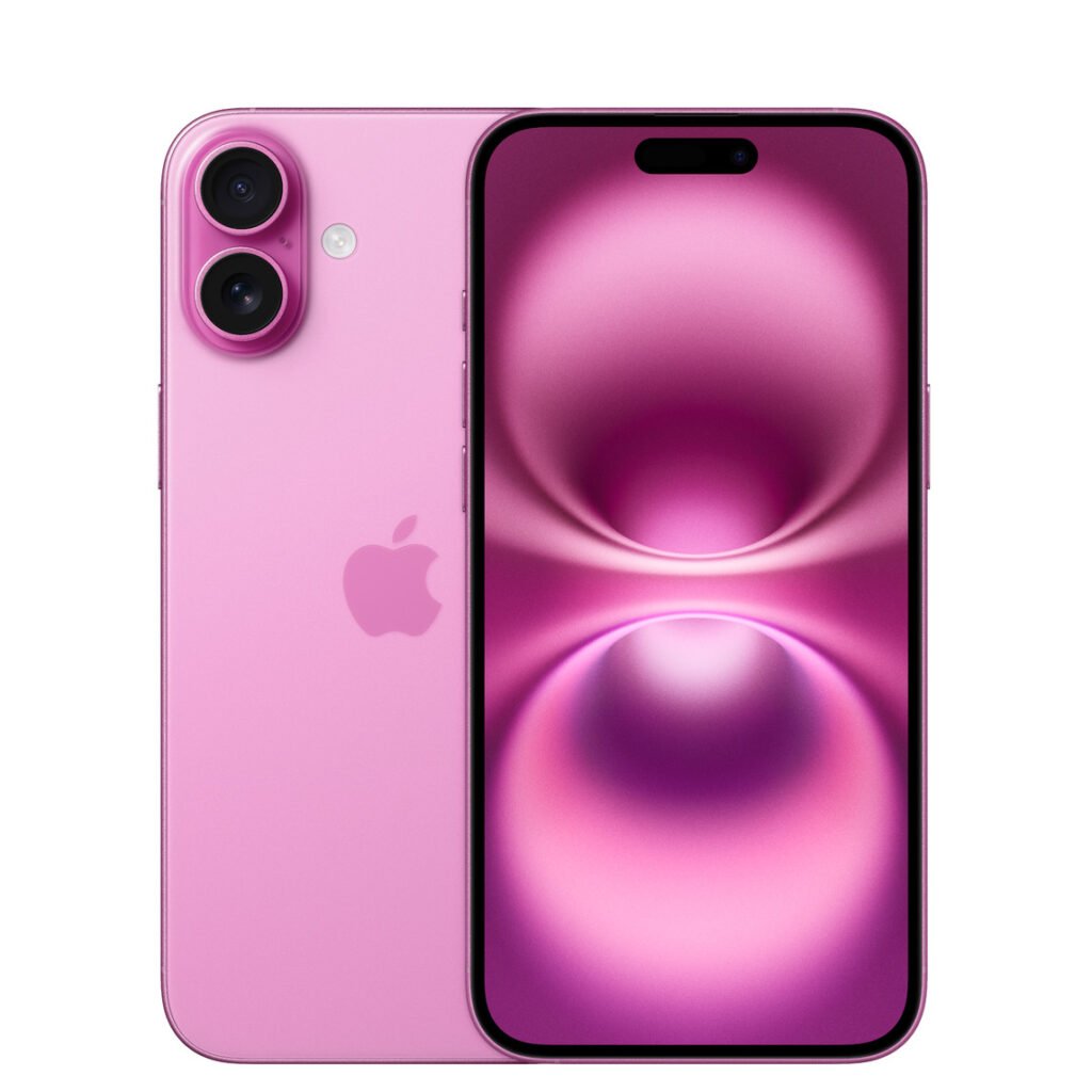 Apple iPhone 16 Plus in pink, representative front and back view