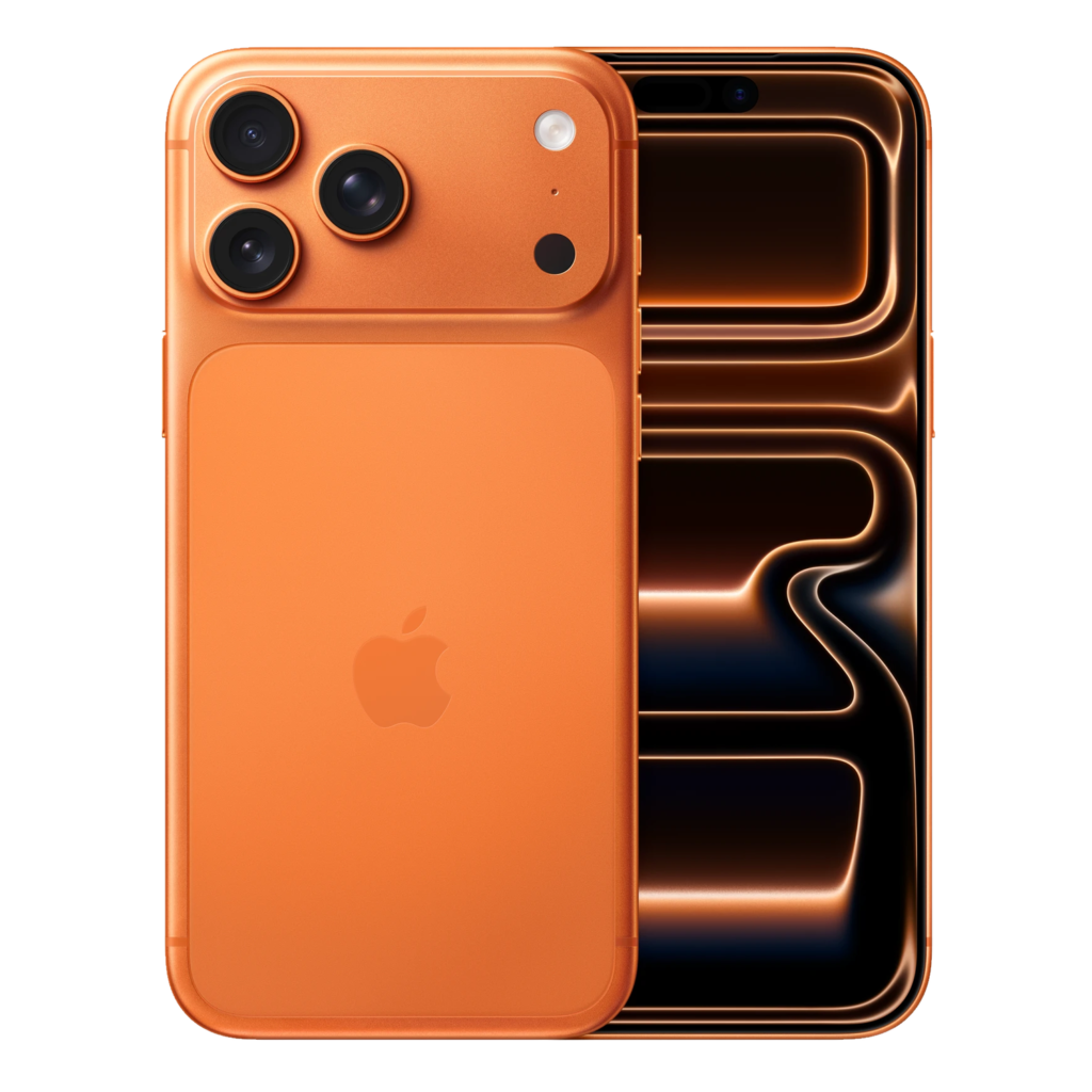 Apple iPhone 17 Pro Max Cosmic Orange front and rear representative view
