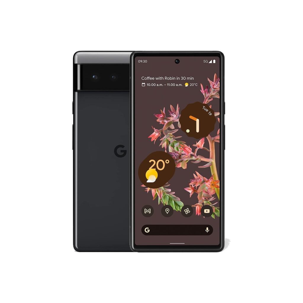 Google Pixel 6 in Stormy Black, front and rear views on white background