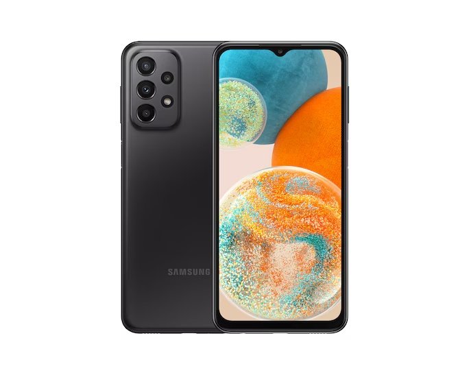Samsung Galaxy A23 5G in black, representative front and rear view