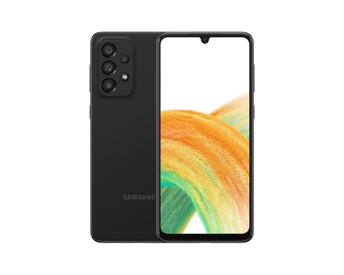 Samsung Galaxy A33 5G in black, representative front and rear view