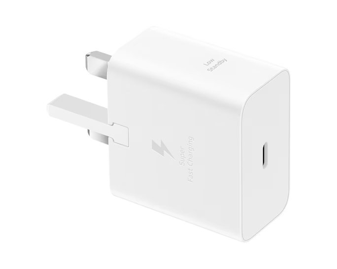 Samsung EP-T2510 white UK 25W USB-C power adapter, angled view