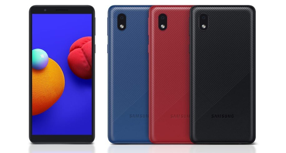 Samsung Galaxy A01 Core front and rear views in example colours — manufacturer illustration